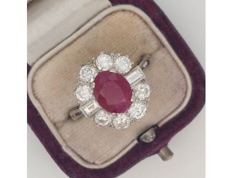 Ruby & Diamond Vintage Platinum Cluster Ring 1.50ct 2.00ct Ruby