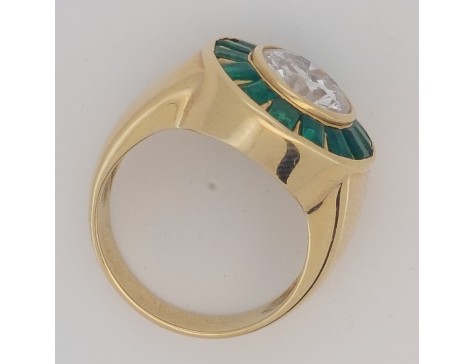 Diamond & Emerald Period Art Deco Cocktail Target Ring 18ct Yellow Gold  2.25ct Old European Cut 