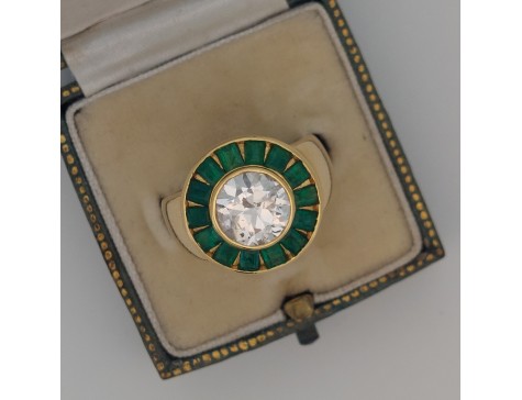 Diamond & Emerald Period Art Deco Cocktail Target Ring 18ct Yellow Gold  2.25ct Old European Cut 