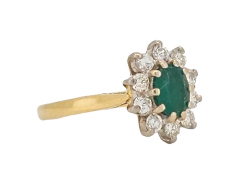 Emerald & Diamond Cluster Ring 18ct Yellow Gold