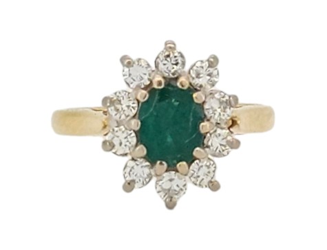 Emerald & Diamond Cluster Ring 18ct Yellow Gold