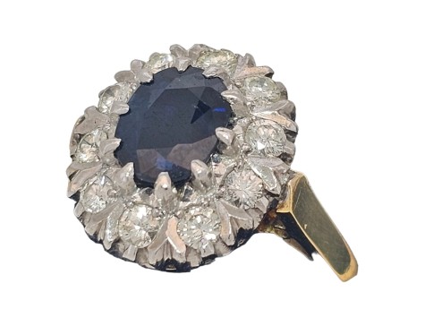 Sapphire & Diamond Vintage 18ct Yellow Gold Cluster Ring 1.25ct Sapphire 0.50ct Diamond 
