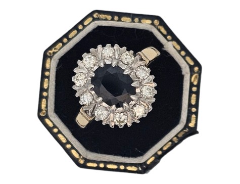 Sapphire & Diamond Vintage 18ct Yellow Gold Cluster Ring 1.25ct Sapphire 0.50ct Diamond 