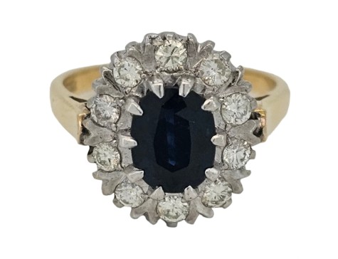 Sapphire & Diamond Vintage 18ct Yellow Gold Cluster Ring 1.25ct Sapphire 0.50ct Diamond 