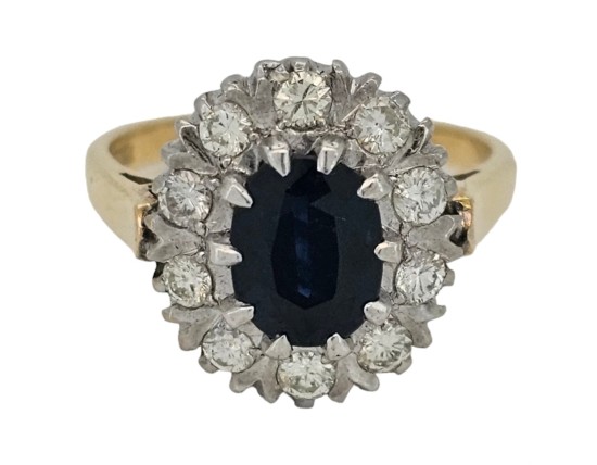 Sapphire & Diamond Vintage 18ct Yellow Gold Cluster Ring 1.25ct Sapphire 0.50ct Diamond 