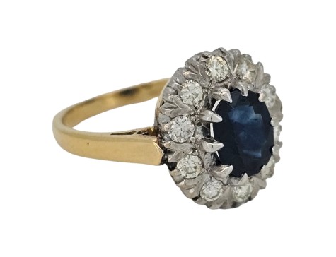 Sapphire & Diamond Vintage 18ct Yellow Gold Cluster Ring 1.25ct Sapphire 0.50ct Diamond 