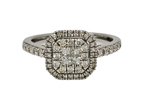 Diamond Halo Cluster Ring 9ct White Gold 0.66ct Invisible Set Princess cuts 