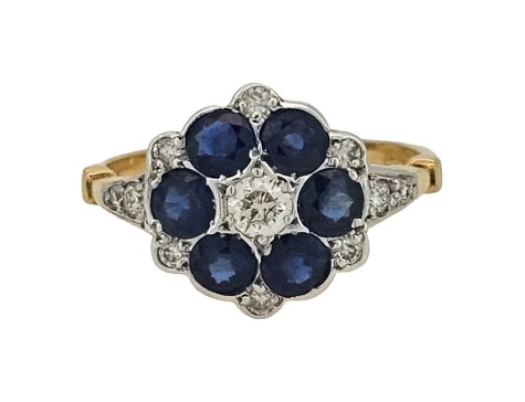 Sapphire & Diamond Target Cluster Ring 18ct Yellow Gold Antique 