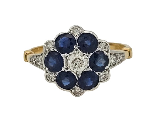 Sapphire & Diamond Target Cluster Ring 18ct Yellow Gold Antique 