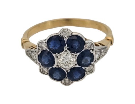 Sapphire & Diamond Target Cluster Ring 18ct Yellow Gold Antique 