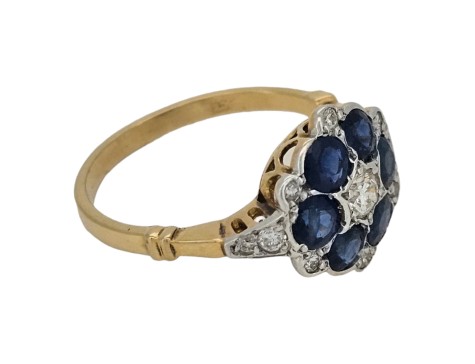 Sapphire & Diamond Target Cluster Ring 18ct Yellow Gold Antique 