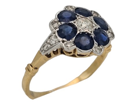 Sapphire & Diamond Target Cluster Ring 18ct Yellow Gold Antique 