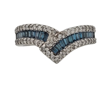Blue & White Diamond Wishbone Cluster Dress Ring 14kt White Gold 