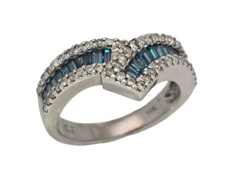 Blue & White Diamond Wishbone Cluster Dress Ring 14kt White Gold 