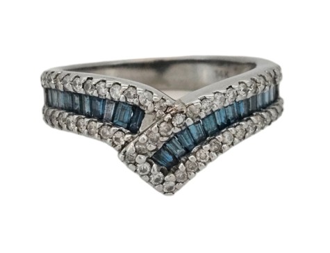 Blue & White Diamond Wishbone Cluster Dress Ring 14kt White Gold 