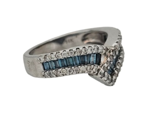 Blue & White Diamond Wishbone Cluster Dress Ring 14kt White Gold 