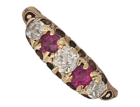 Ruby & Diamond Antique Victorian 18ct Gold Five Stone Ring 