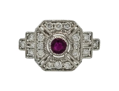 Diamond & Ruby Art Deco Inspired Target Cluster Ring 18ct White Gold 