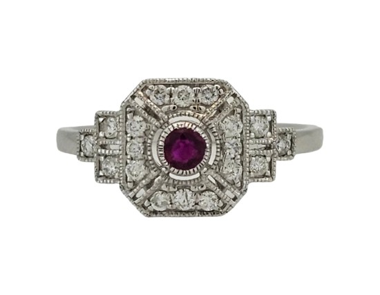 Diamond & Ruby Art Deco Inspired Target Cluster Ring 18ct White Gold 