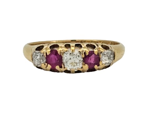 Ruby & Diamond Antique Victorian 18ct Gold Five Stone Ring 