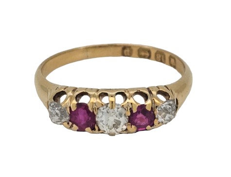 Ruby & Diamond Antique Victorian 18ct Gold Five Stone Ring 