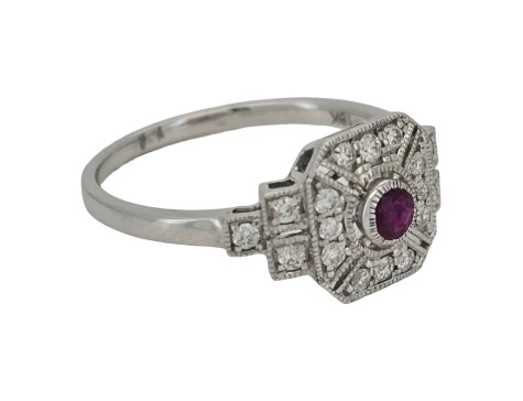 Diamond & Ruby Art Deco Inspired Target Cluster Ring 18ct White Gold 