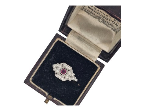 Diamond & Ruby Art Deco Inspired Target Cluster Ring 18ct White Gold 