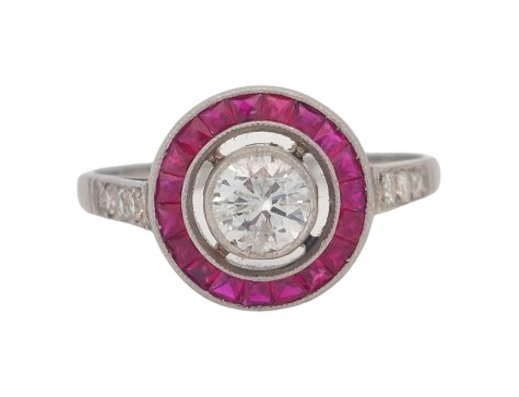 Period Antique Art Deco Diamond & Ruby Target Ring Platinum