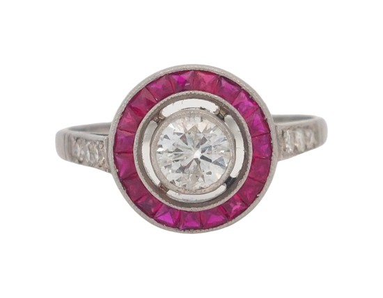 Period Antique Art Deco Diamond & Ruby Target Ring Platinum