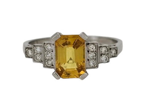 Yellow Sapphire & Diamond Platinum Art Deco Inspired Ring Tiered Shoulders 