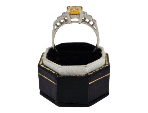 Yellow Sapphire & Diamond Platinum Art Deco Inspired Ring Tiered Shoulders 