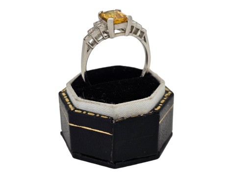 Yellow Sapphire & Diamond Platinum Art Deco Inspired Ring Tiered Shoulders 