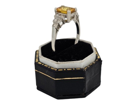 Yellow Sapphire & Diamond Platinum Art Deco Inspired Ring Tiered Shoulders 