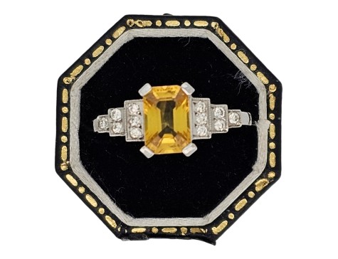 Yellow Sapphire & Diamond Platinum Art Deco Inspired Ring Tiered Shoulders 