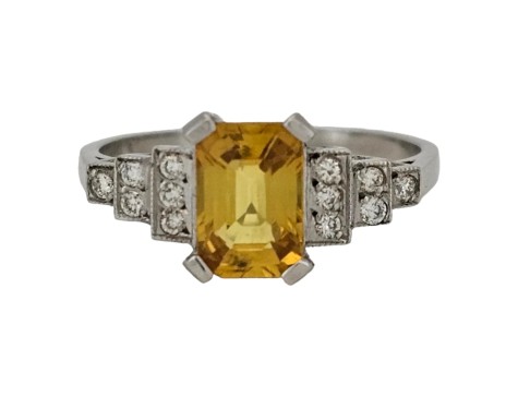 Yellow Sapphire & Diamond Platinum Art Deco Inspired Ring Tiered Shoulders 