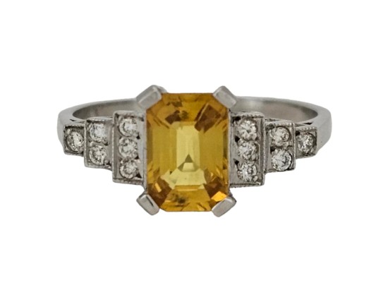 Yellow Sapphire & Diamond Platinum Art Deco Inspired Ring Tiered Shoulders 