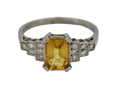 Yellow Sapphire & Diamond Platinum Art Deco Inspired Ring Tiered Shoulders 