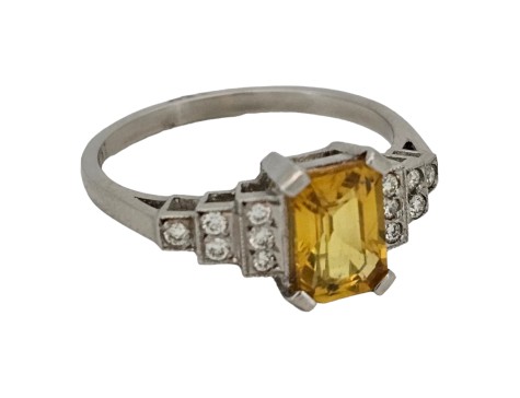 Yellow Sapphire & Diamond Platinum Art Deco Inspired Ring Tiered Shoulders 