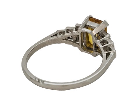 Yellow Sapphire & Diamond Platinum Art Deco Inspired Ring Tiered Shoulders 