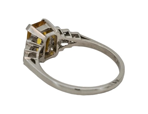 Yellow Sapphire & Diamond Platinum Art Deco Inspired Ring Tiered Shoulders 