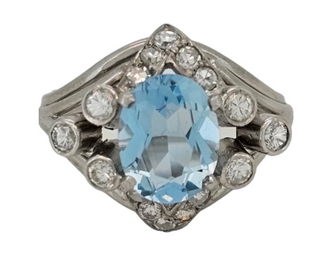 Aquamarine & Diamond Platinum Dress Cocktail Ring Vintage 