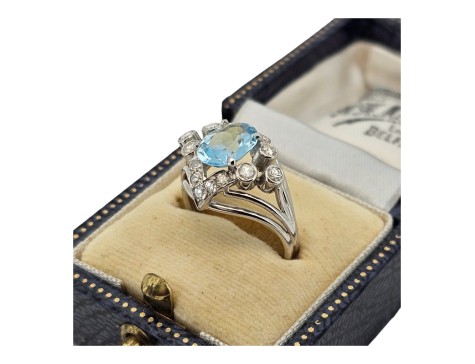 Aquamarine & Diamond Platinum Dress Cocktail Ring Vintage 