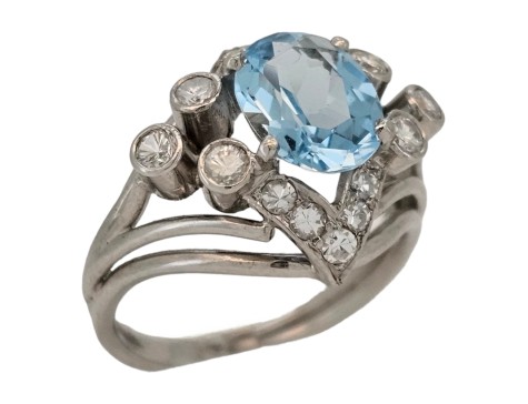 Aquamarine & Diamond Platinum Dress Cocktail Ring Vintage 