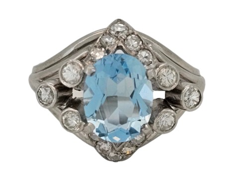 Aquamarine & Diamond Platinum Dress Cocktail Ring Vintage 