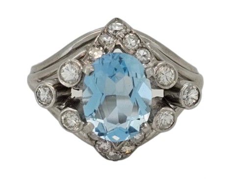 Aquamarine & Diamond Platinum Dress Cocktail Ring Vintage 