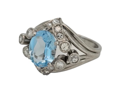 Aquamarine & Diamond Platinum Dress Cocktail Ring Vintage 