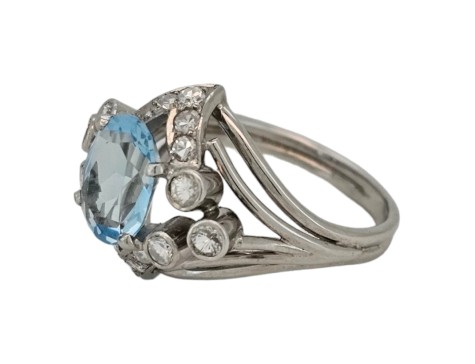 Aquamarine & Diamond Platinum Dress Cocktail Ring Vintage 