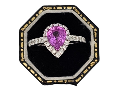 Pink Sapphire & Diamond Halo Cluster Ring Platinum Pear Cut Tear Drop