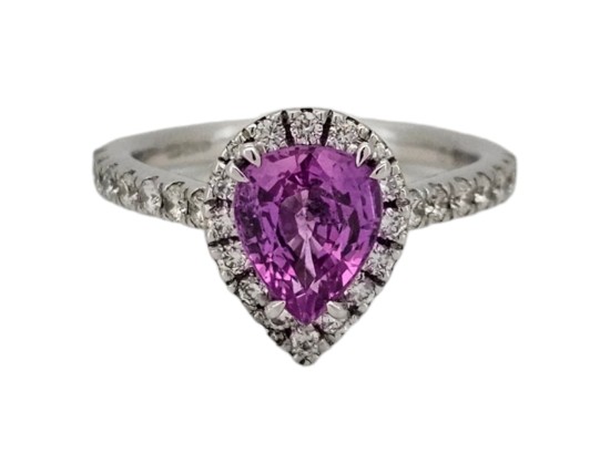 Pink Sapphire & Diamond Halo Cluster Ring Platinum Pear Cut Tear Drop