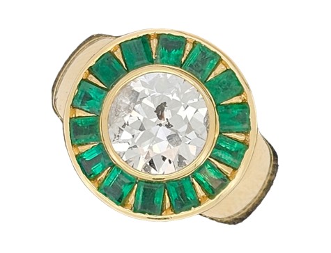 Diamond & Emerald Period Art Deco Cocktail Target Ring 18ct Yellow Gold  2.25ct Old European Cut 